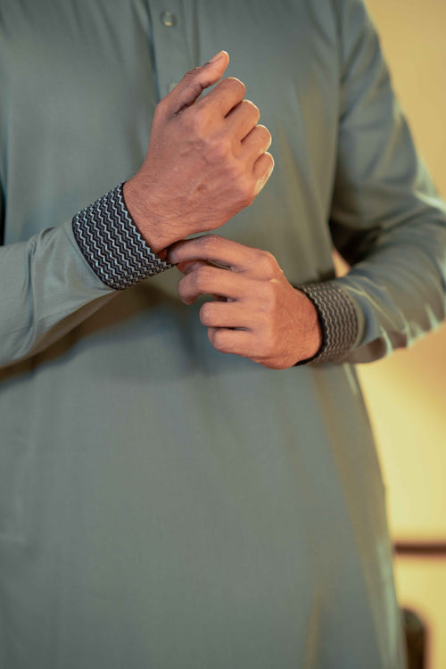 Amber Shadow Sage Green Band Collar Panjabi For Men