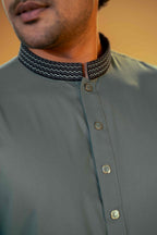 Amber Shadow Sage Green Band Collar Panjabi For Men