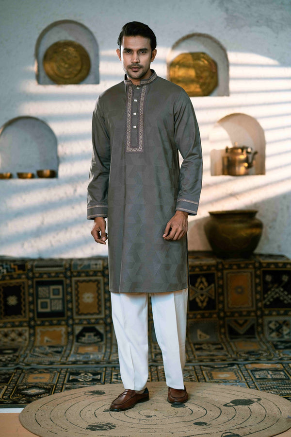 Nomad Mist Dark Olive Band Collar Panjabi For Men