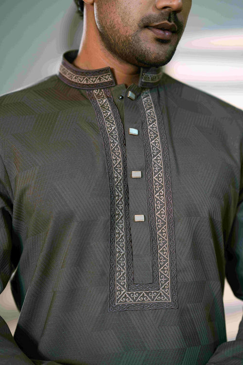 Nomad Mist Dark Olive Band Collar Panjabi For Men