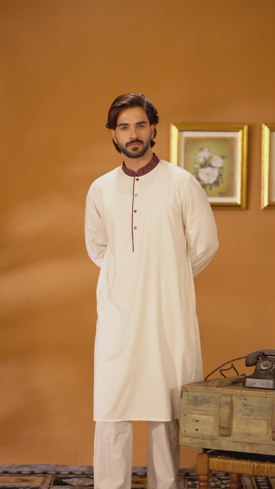 Amber Wind Off White Band Collar Panjabi For Men