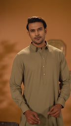 Oasis Olive Semi-Spread Collar Kabli For Men (Full Set)