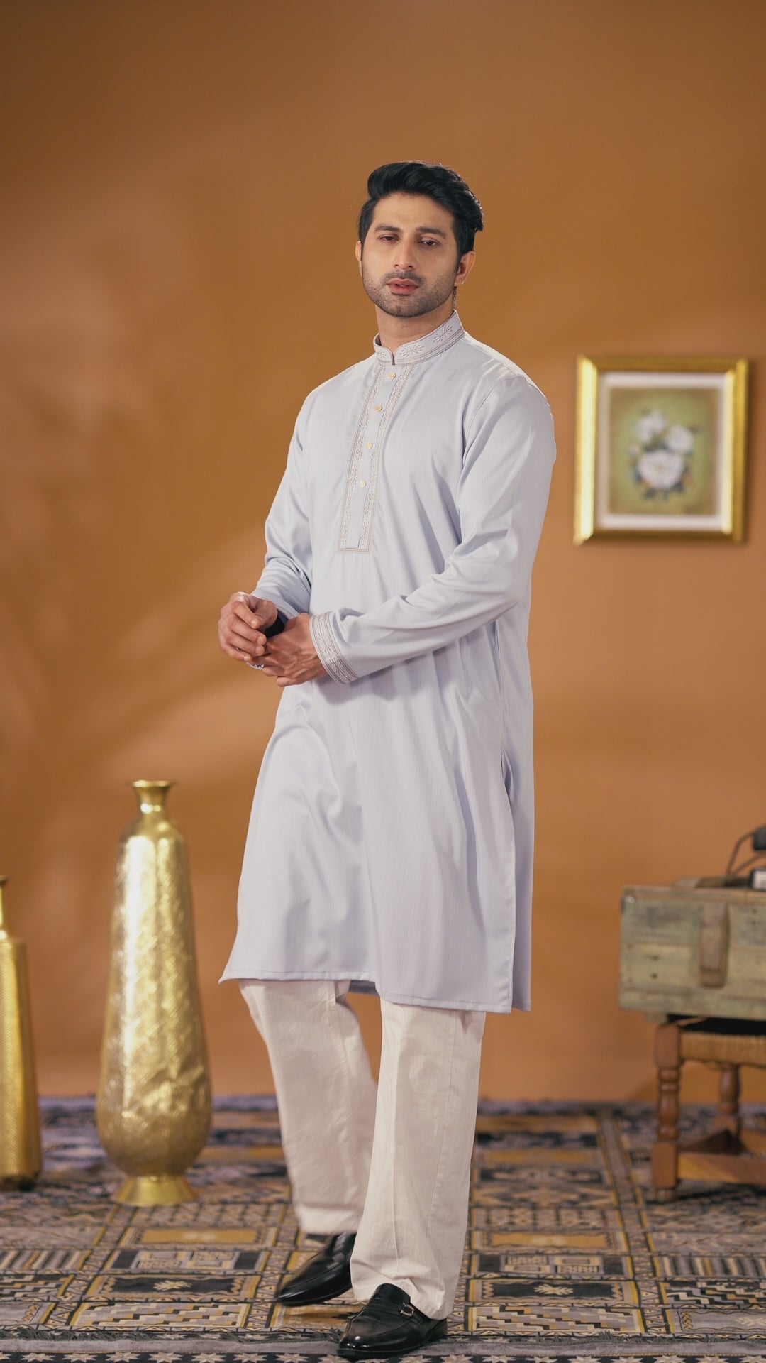 Desert Glory Light Blue Band Collar Panjabi For Men
